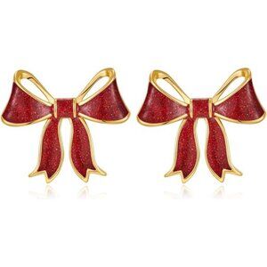 Red Bow Earrings | 18K Gold Plated Studs | Shiny Oil Drop Finish